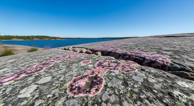 Pink rhodonite mineral inclusions in dark rock matrix. Natural crystalline patterns with striking contrast. Concept: geology studies, mineral collection, earth sciences