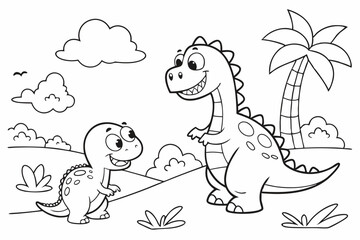 kids coloring page, dinosaurs, cartoonish, friendly, thick outlines, no color