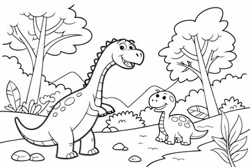 kids coloring page, dinosaurs, cartoonish, friendly, thick outlines, no color