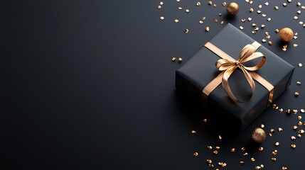 Black Gift Box with Golden Ribbon on Dark Background