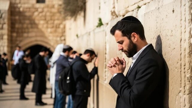 Jewish man praying at western wall in jerusalem israel for religious travel and spiritual journey 4k uhd video