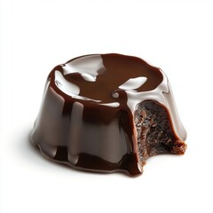 Close-up of a glossy chocolate praline with a smooth shiny coating and a revealed rich creamy filling, isolated on white background for gourmet dessert presentation