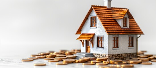 Model House Surrounded by Coins on a White Background