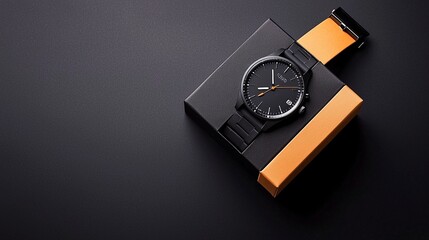 Black Men's Wristwatch in Kraft Gift Box on Dark Background