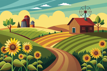 Fototapeta premium Peaceful Farmland Scene with Sunflowers and Barn vector