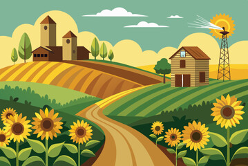 Fototapeta premium Peaceful Farmland Scene with Sunflowers and Barn vector