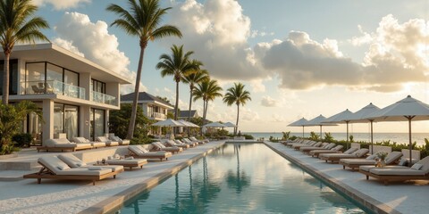 Fototapeta premium Luxury Beach Resort, Tropical Sun, Vacation Mode A stunning beach resort with overwater bungalows, white sand, and a gentle breeze