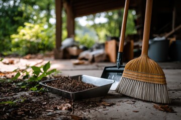Cleaning Tools and Garden Debris on Wooden Floor in Outdoor Space