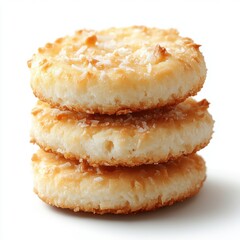 Three crispy golden coconut macaroons stacked together with toasted coconut flakes isolated on a white background, close-up view of delicious baked cookies