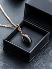 Black Oval Pendant Necklace in Gold Setting with Luxury Packaging