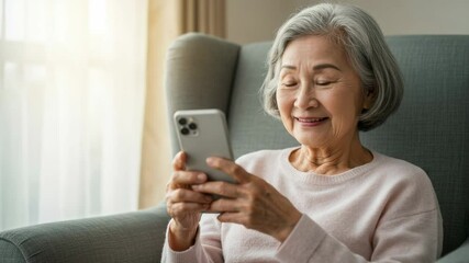 Smiling elderly Asian woman engaged with smartphone while sitting comfortably in a cozy armchair, capturing a moment of connection and technology in her living space - Powered by Adobe