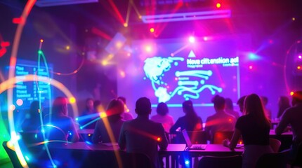 Obraz premium A brightly lit presentation hall with an audience, neon projections, and a map on a screen
