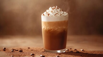 Delicious creamy coffee beverage with whipped cream and frothy milk in a clear glass on rustic surface for coffee shop or caf? menu or beverage advertisement