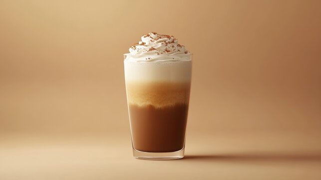 Close-up of a tall glass filled with layered iced coffee topped with whipped cream and cocoa powder against a warm beige background