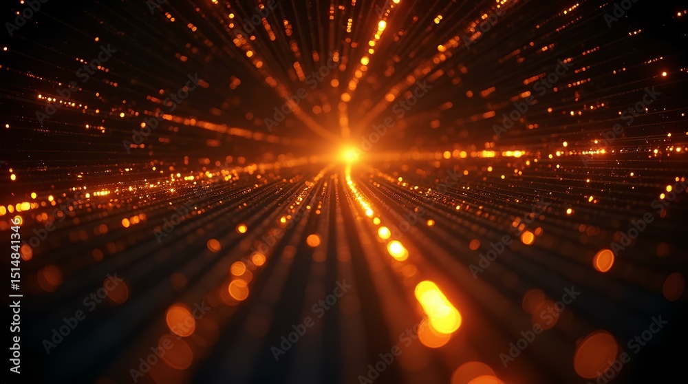 Wall mural glowing gold particles in dark tunnel abstract background, technology and data visual pathway of lig
