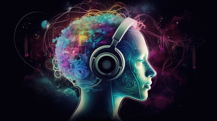Abstract space fantasy:  DJ in headphones surrounded by the magic light of a dream universe