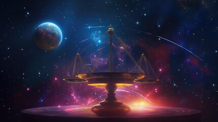 A lone satellite orbits through the dark cosmos, gazing upon a distant, blue Earth under a sky filled with countless stars, illustration symbolizing justice to commemorate the day of justice