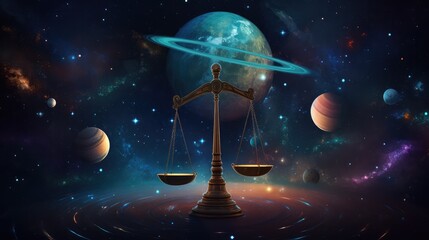 A lone satellite orbits through the dark cosmos, gazing upon a distant, blue Earth under a sky filled with countless stars, illustration symbolizing justice to commemorate the day of justice