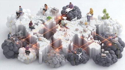Global Remote Work: Isometric Illustration of Connected Professionals Using Cloud Technology - Powered by Adobe