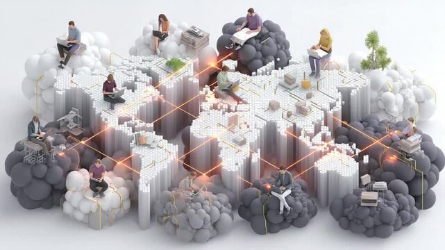 Global Remote Work: Isometric Illustration of Connected Professionals Using Cloud Technology - Powered by Adobe