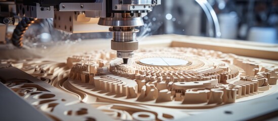 CNC milling machine working on wood in workshop, closeup