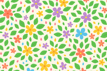 カラフルな花と緑の葉のシームレスパターン背景


