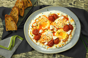 Delicious turkish eggs with roasted cherry tomatoes, served on the plate.
