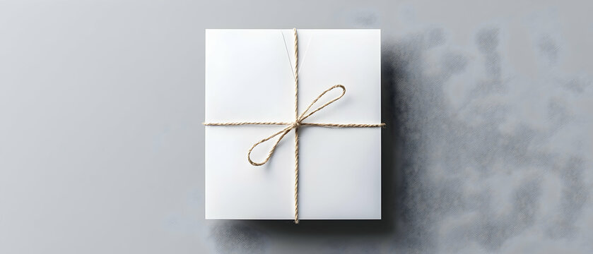 White Gift Box Tied With Natural String On Gray Background