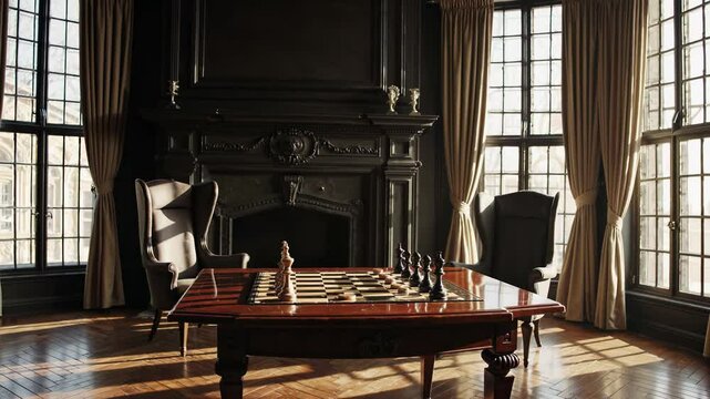 Luxurious classic room with dark fireplace, chessboard and elegant armchairs in golden sunlight

