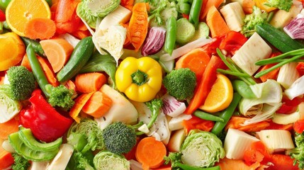 Colorful Array of Fresh Vegetables with Bright Yellow Bell Pepper Centered on a Vibrant Background