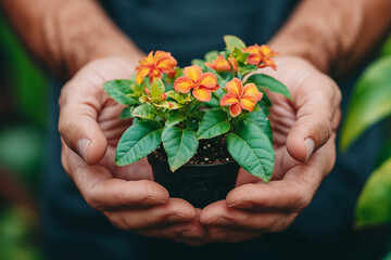 Close-up of hands holding a potted flower in a garden center, front view.