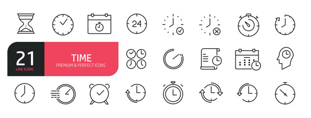 Set of line icons related to time, date, o'clock, alarm, calendar. Outline icons collection. Editable stroke. Vector illustration.