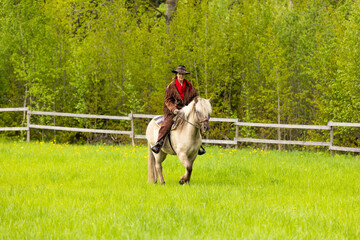 Cowgirl riding on horse (Icelandic horse). Green meadow and trees