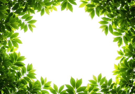 Fresh green leaves frame isolated on transparent background, creating a natural border with vibrant foliage and lush texture, perfect for botanical designs and spring or summer themes