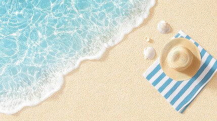 Blue And White Striped Beach Towel With Straw Sun Hat On Sandy Beach