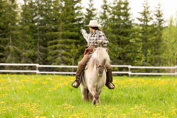 Cowgirl riding on horse (Icelandic horse). Green meadow and trees