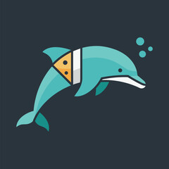 Obraz premium Cartoon illustration of a blue dolphin with a slice of pizza around its body.