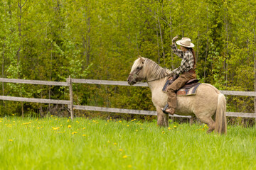 Cowgirl riding on horse (Icelandic horse). Green meadow and trees