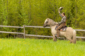 Cowgirl riding on horse (Icelandic horse). Green meadow and trees