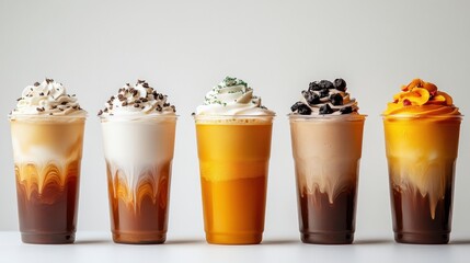 Five different flavored whipped cream topped iced coffee drinks with chocolate and caramel sauces in a row on white background