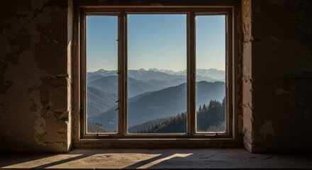 Fototapeta premium Window View of Mountain Range Landscape From Old Building