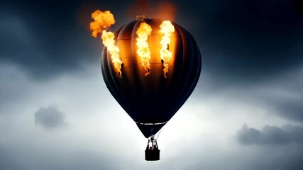 Dramatic Wide Shot of a Large Dark Hot Air Balloon Engulfed in Fiery Bursts Against a Tumultuous Stormy Sky