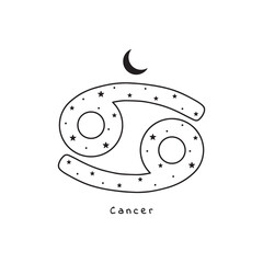Cancer zodiac sign with stars and moon, vector art