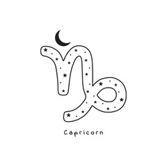 Capricorn zodiac sign with stars and moon, vector art