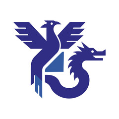 A stylized, blue logo featuring a phoenix and dragon intertwined with geometric shapes.