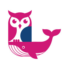 Stylized illustration of an owl perched on a whale, in minimalist design.