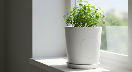 Fototapeta premium Fresh Herbs Growing in a White Pot on Windowsill Sunlight Home Decor