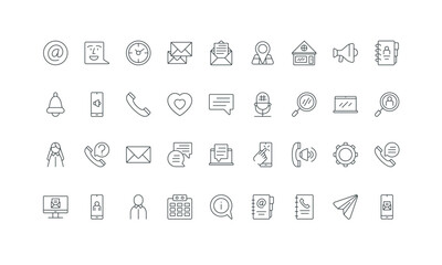 Calendar with date, company and home address, location thin black symbols vector illustration. Contacts info of customer support service, phone and video call, email and SMS line icon set.