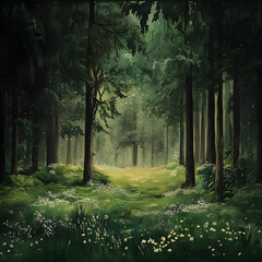 Fototapeta premium Silent Green Forest with Soft Mist