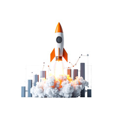 Orange rocket launching with business growth chart 3d on transparent background